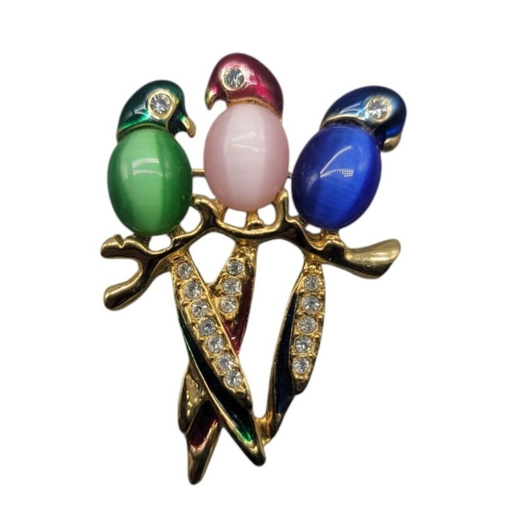 Australian Crystal Parrot Brooch Trio of Birds on Perch Multicolor Jelly Belly